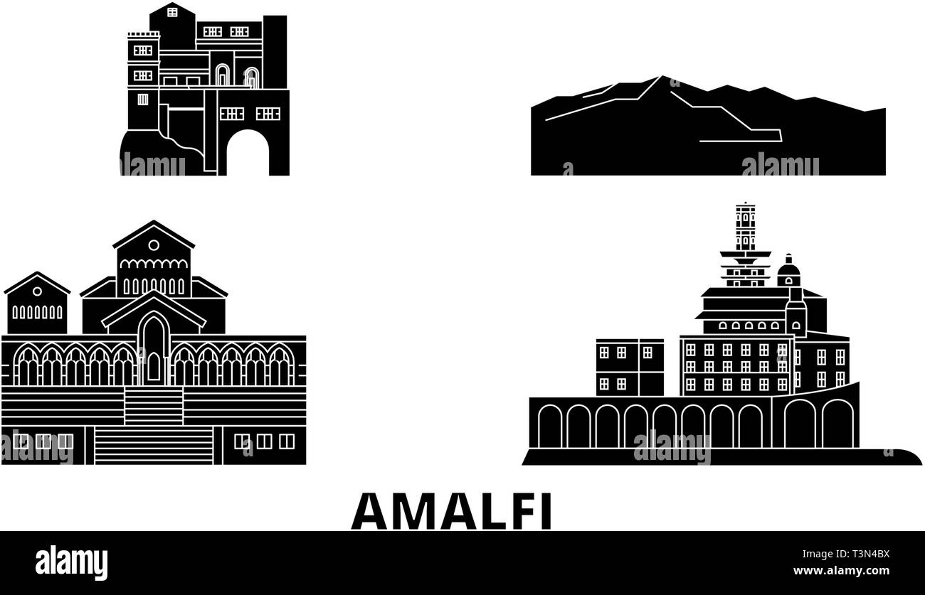 Italia Amalfi flat skyline di viaggio set. Italia Amalfi città nero illustrazione vettoriale, simbolo, siti di viaggi, punti di riferimento. Illustrazione Vettoriale