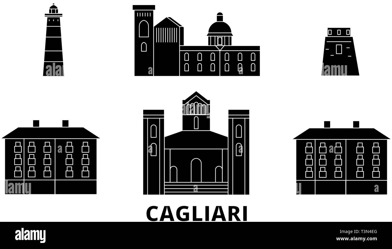L'Italia, Cagliari piatta sullo skyline di viaggio set. L'Italia, Cagliari città nero illustrazione vettoriale, simbolo, siti di viaggi, punti di riferimento. Illustrazione Vettoriale