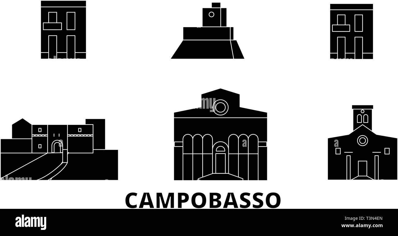 L'Italia, Campobasso piatta sullo skyline di viaggio set. L'Italia, Campobasso città nero illustrazione vettoriale, simbolo, siti di viaggi, punti di riferimento. Illustrazione Vettoriale