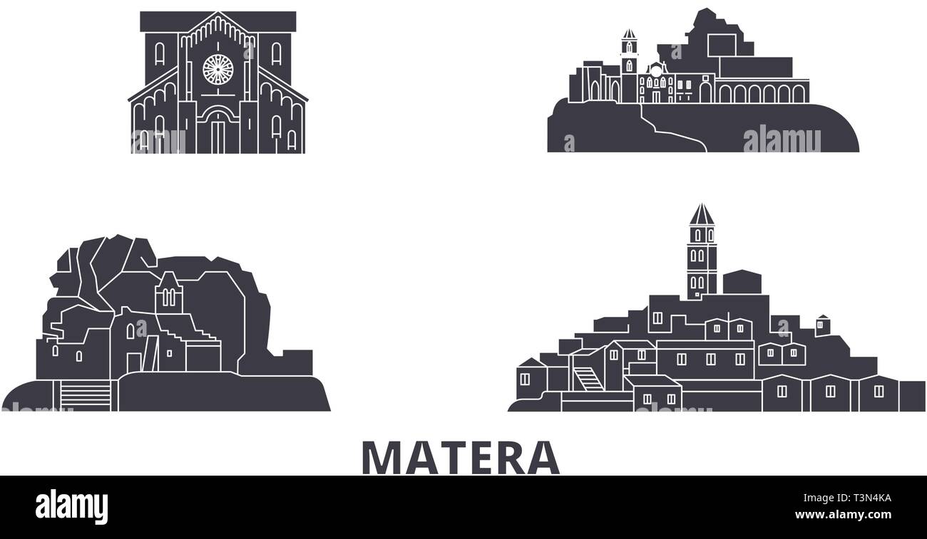 L'Italia, Matera piatta sullo skyline di viaggio set. L'Italia, Matera città nero illustrazione vettoriale, simbolo, siti di viaggi, punti di riferimento. Illustrazione Vettoriale