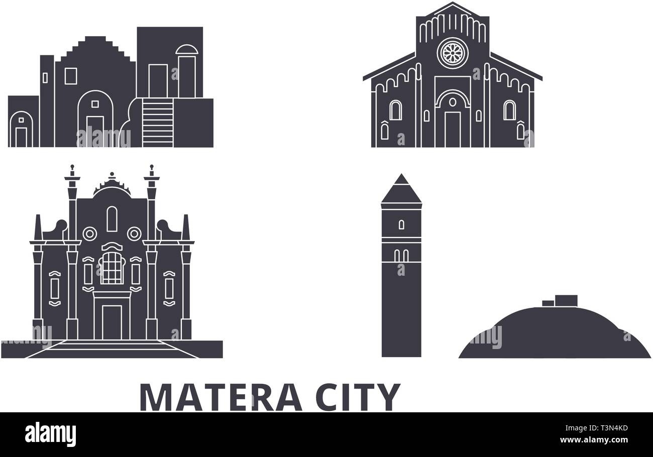 L'Italia, Matera city flat skyline di viaggio set. L'Italia, Matera città città nero illustrazione vettoriale, simbolo, siti di viaggi, punti di riferimento. Illustrazione Vettoriale