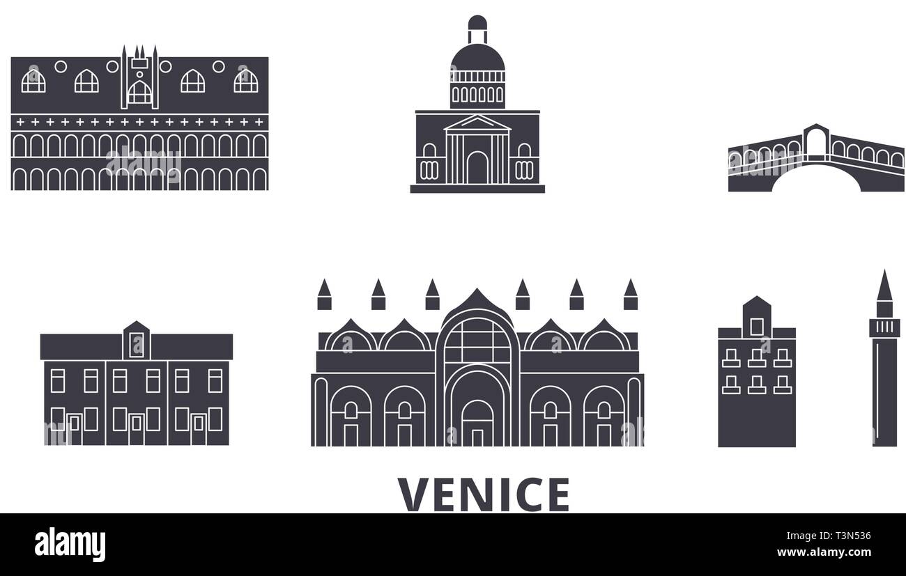 L'Italia, Venezia Appartamento skyline di viaggio set. L'Italia, Venezia città nero illustrazione vettoriale, simbolo, siti di viaggi, punti di riferimento. Illustrazione Vettoriale