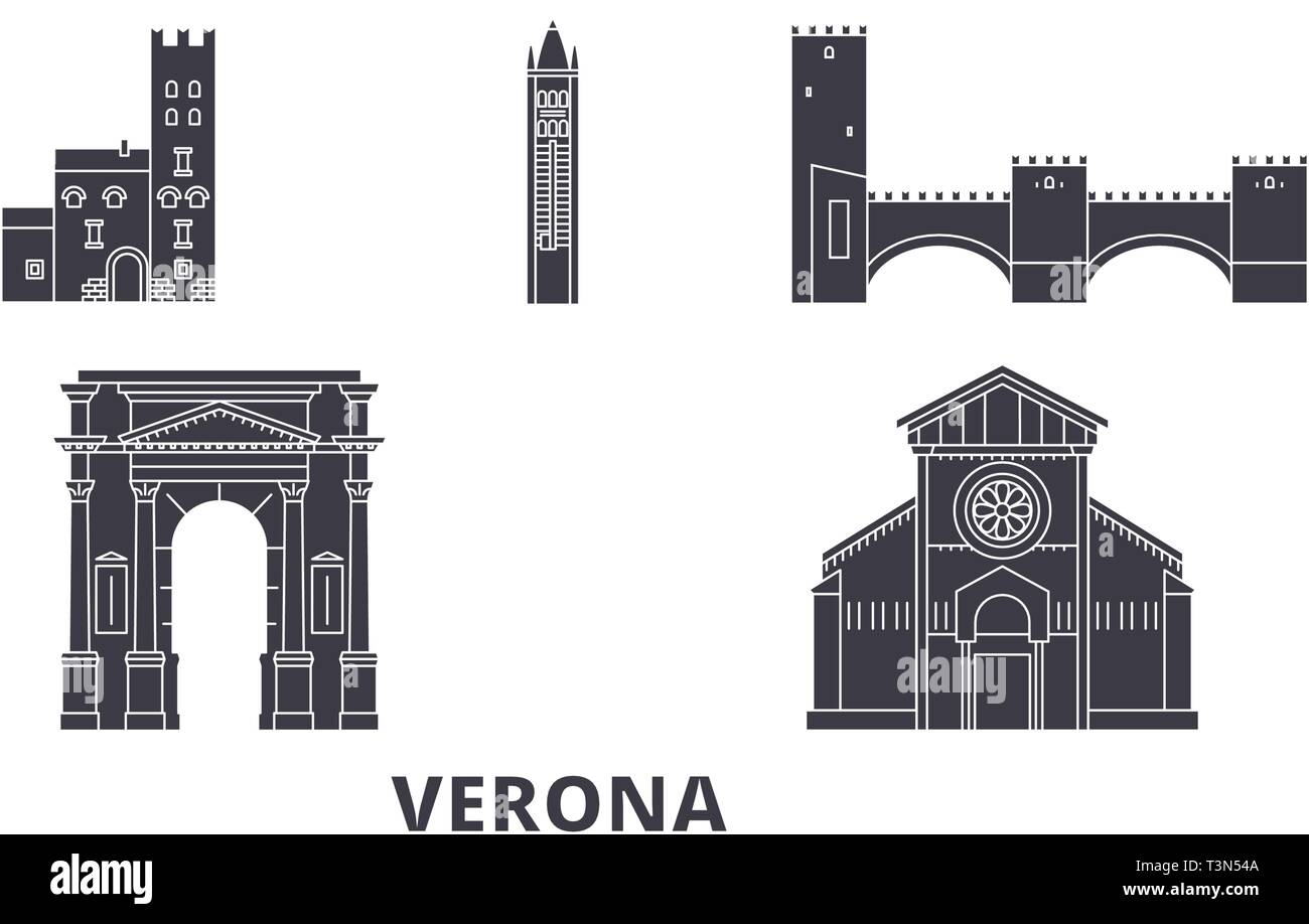 L'Italia, la città di Verona piano skyline di viaggio set. L'Italia, la città di Verona città nero illustrazione vettoriale, simbolo, siti di viaggi, punti di riferimento. Illustrazione Vettoriale