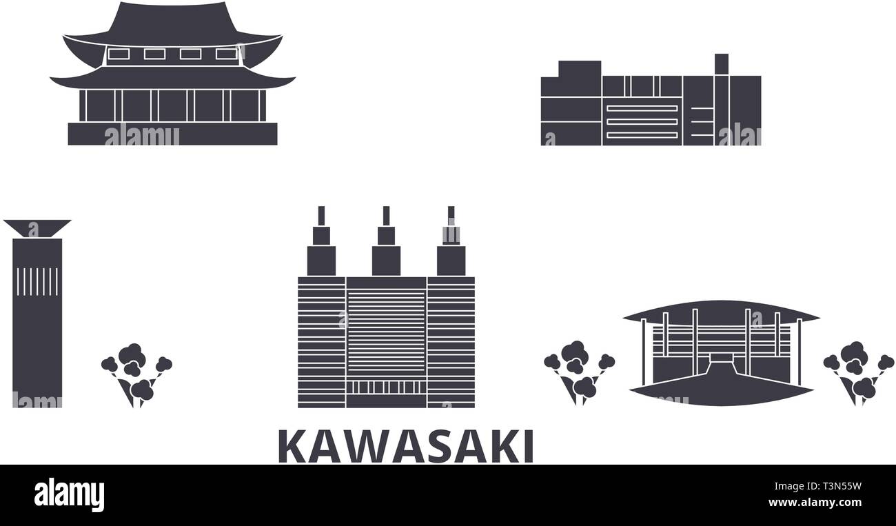 Giappone, Kawasaki piatta sullo skyline di viaggio set. Giappone, Kawasaki Città nero illustrazione vettoriale, simbolo, siti di viaggi, punti di riferimento. Illustrazione Vettoriale