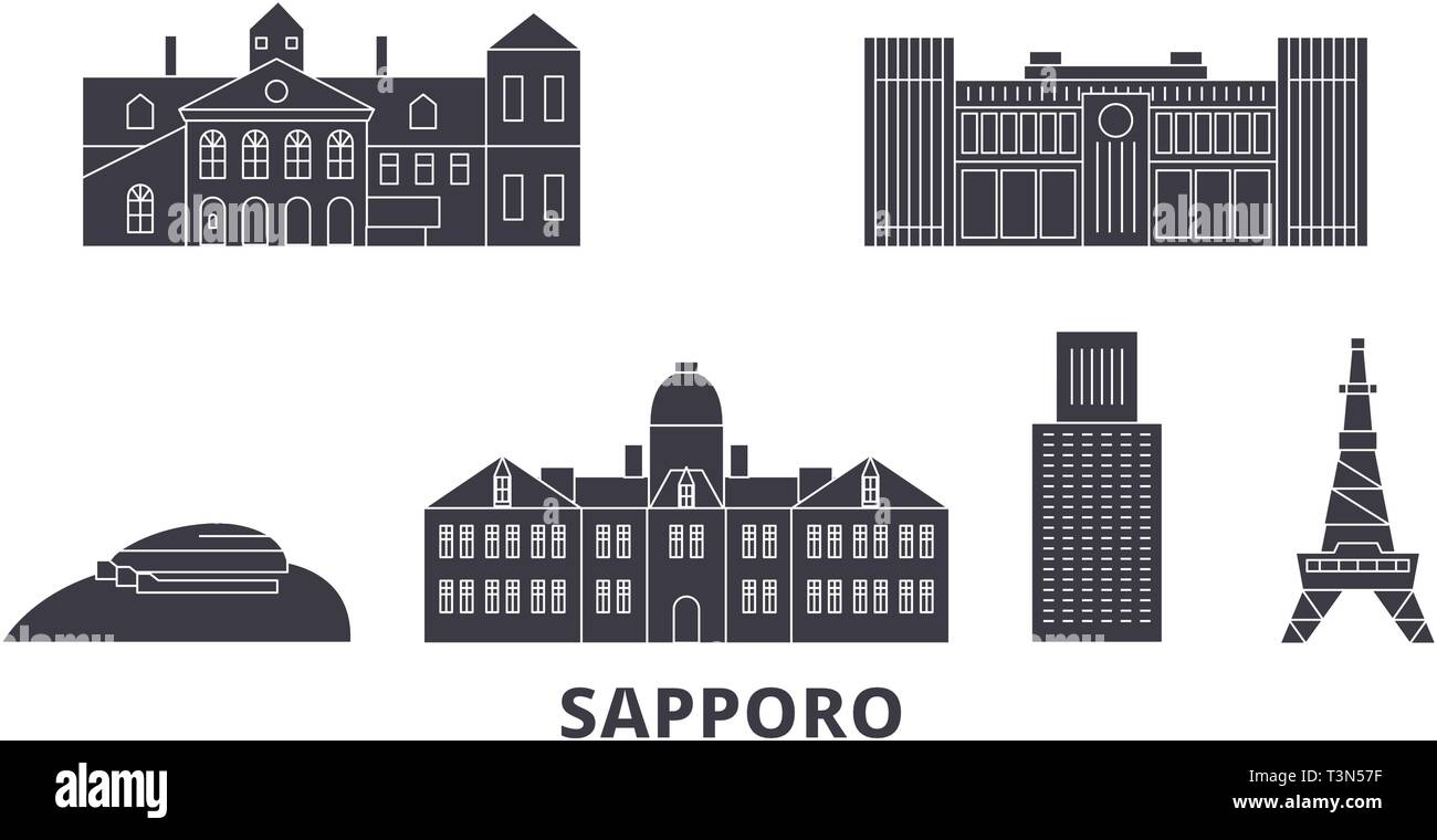 Giappone, Sapporo piatta sullo skyline di viaggio set. Giappone, Sapporo Città nero illustrazione vettoriale, simbolo, siti di viaggi, punti di riferimento. Illustrazione Vettoriale