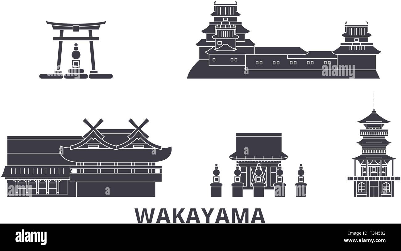 Giappone, Wakayama piatta sullo skyline di viaggio set. Giappone, Wakayama città nero illustrazione vettoriale, simbolo, siti di viaggi, punti di riferimento. Illustrazione Vettoriale