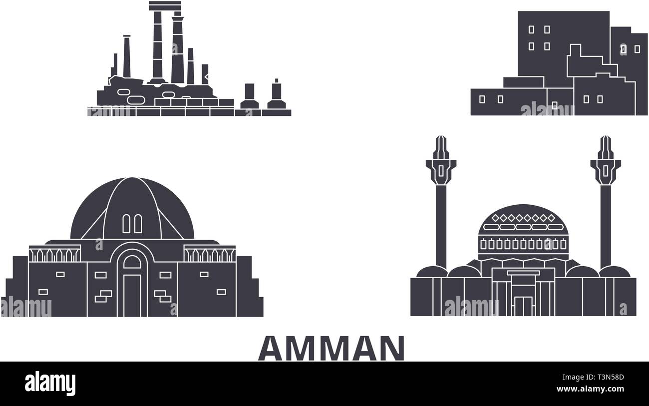 Giordania, Amman piatta sullo skyline di viaggio set. Giordania, nero di Amman city illustrazione vettoriale, simbolo, siti di viaggi, punti di riferimento. Illustrazione Vettoriale