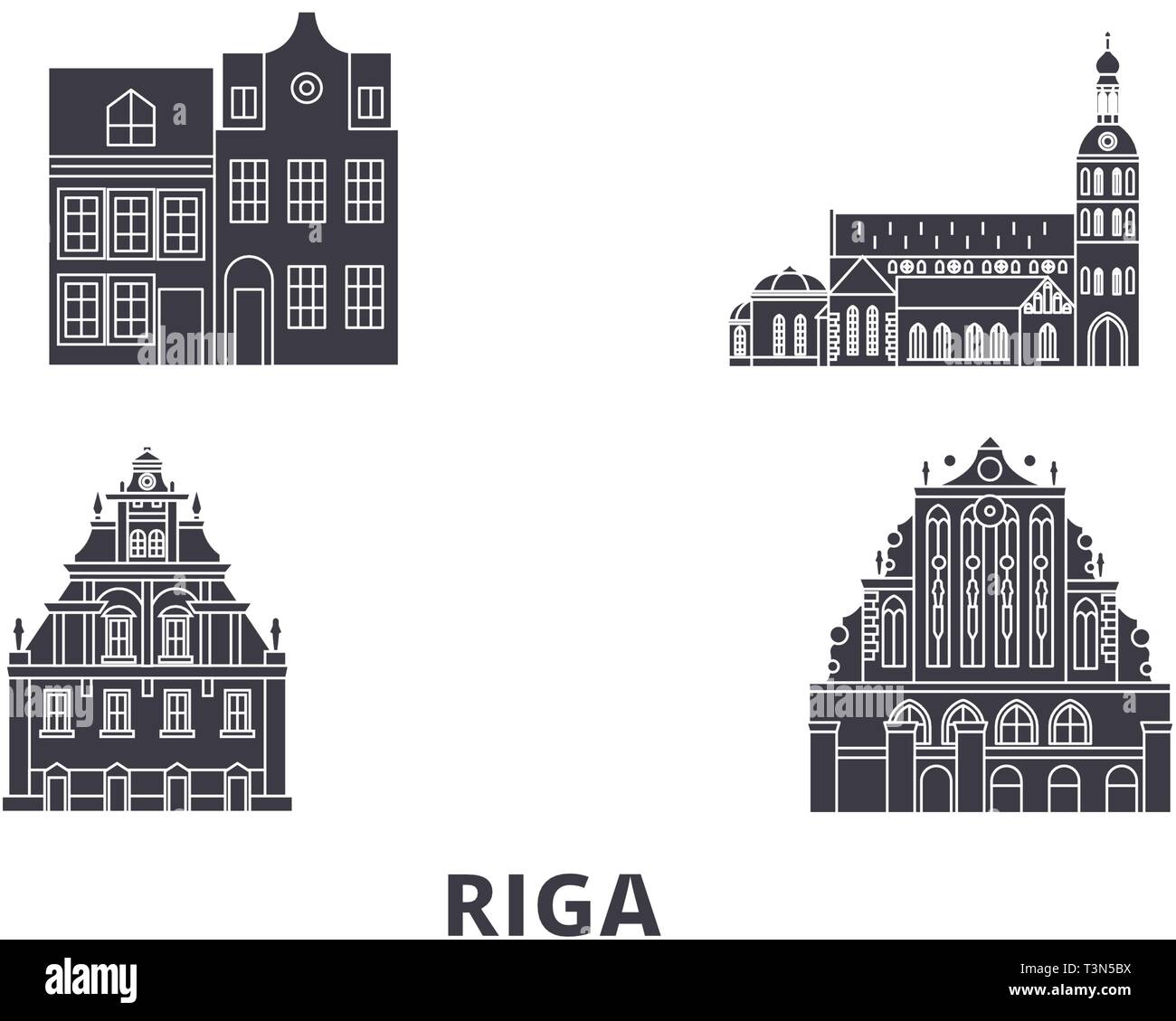 La Lettonia, Riga piatta sullo skyline di viaggio set. Lettonia Riga black city illustrazione vettoriale, simbolo, siti di viaggi, punti di riferimento. Illustrazione Vettoriale