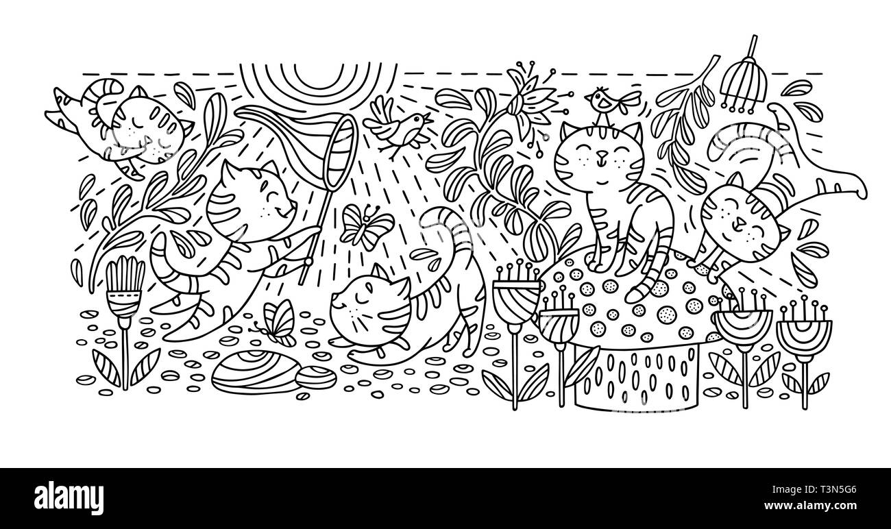 Disegnato a mano gattini giocosi con uccelli, farfalle e fiori. Biglietto di auguri con cute kitties. Illustrazione Vettoriale. Illustrazione Vettoriale