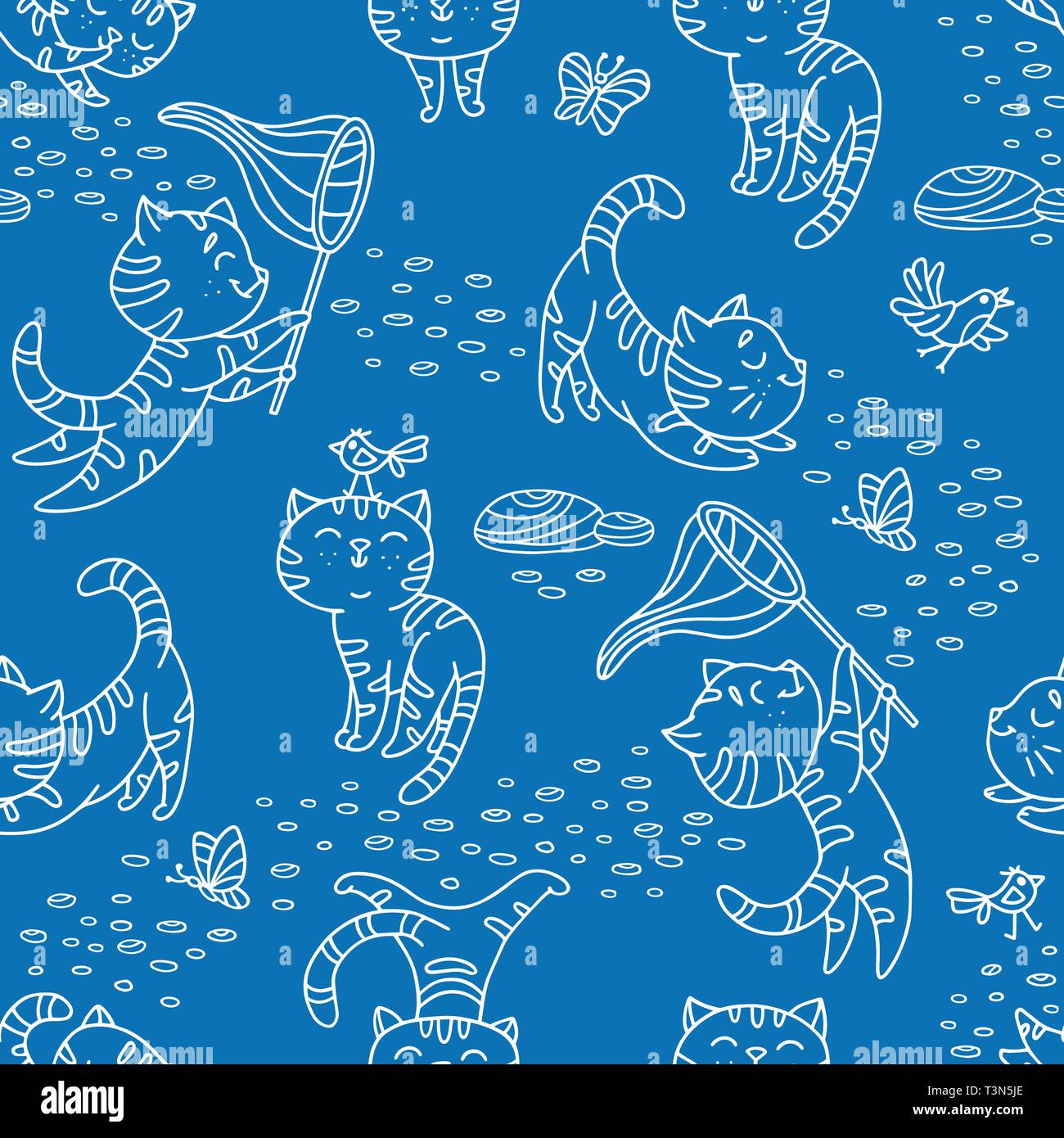 Modello senza cuciture con disegnati a mano gattini giocosi con uccelli, farfalle, pietre. Carino il pet pattern in doodle stile può utilizzare per avvolgere carta, stampa su Illustrazione Vettoriale