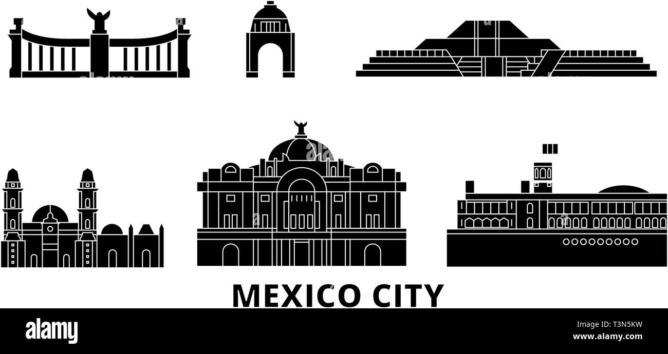 Messico, Messico piatta sullo skyline di viaggio set. Messico, Messico città nero illustrazione vettoriale, simbolo, siti di viaggi, punti di riferimento. Illustrazione Vettoriale