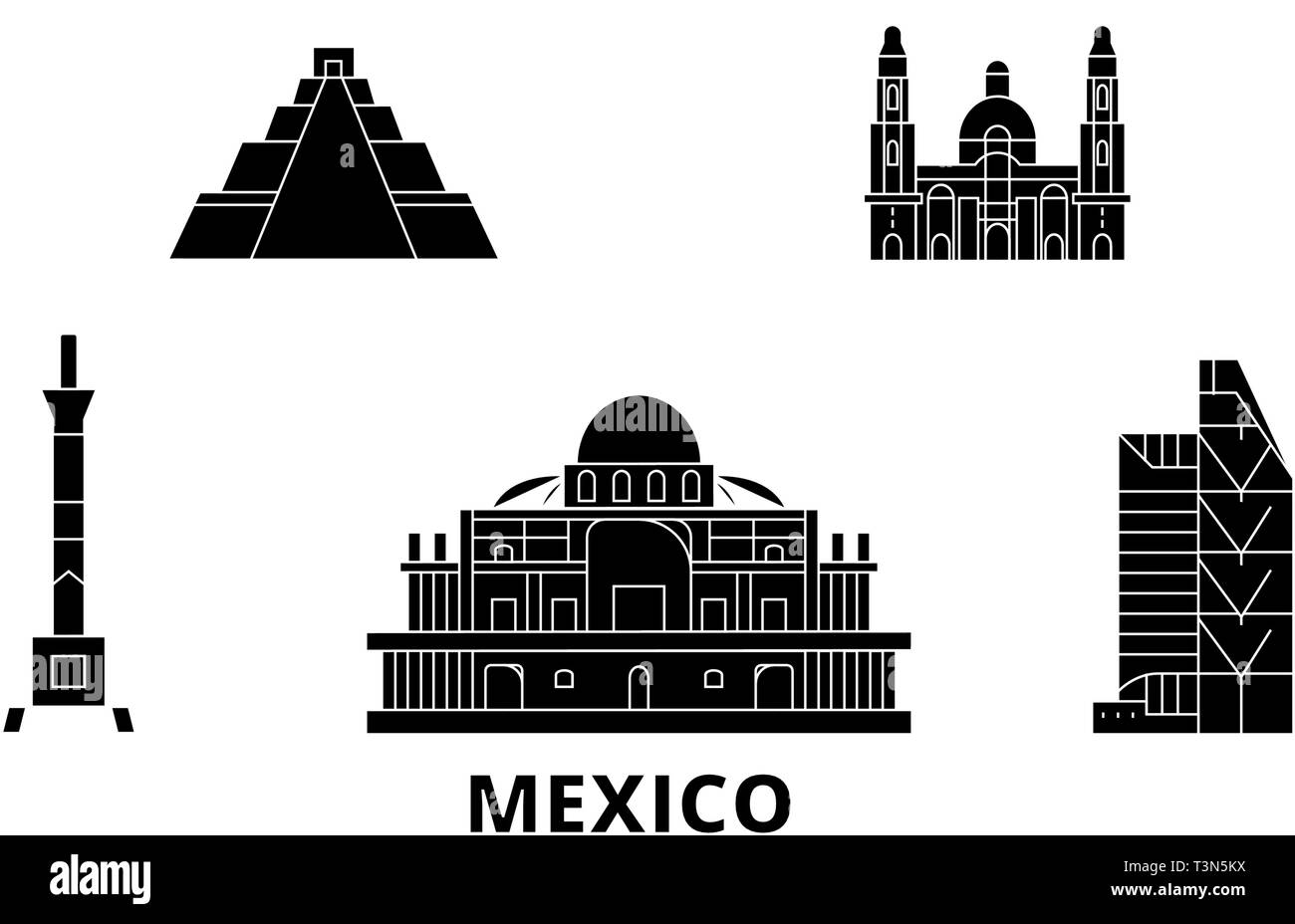 Messico, Messico City flat skyline di viaggio set. Messico Città del Messico città nero illustrazione vettoriale, simbolo, siti di viaggi, punti di riferimento. Illustrazione Vettoriale