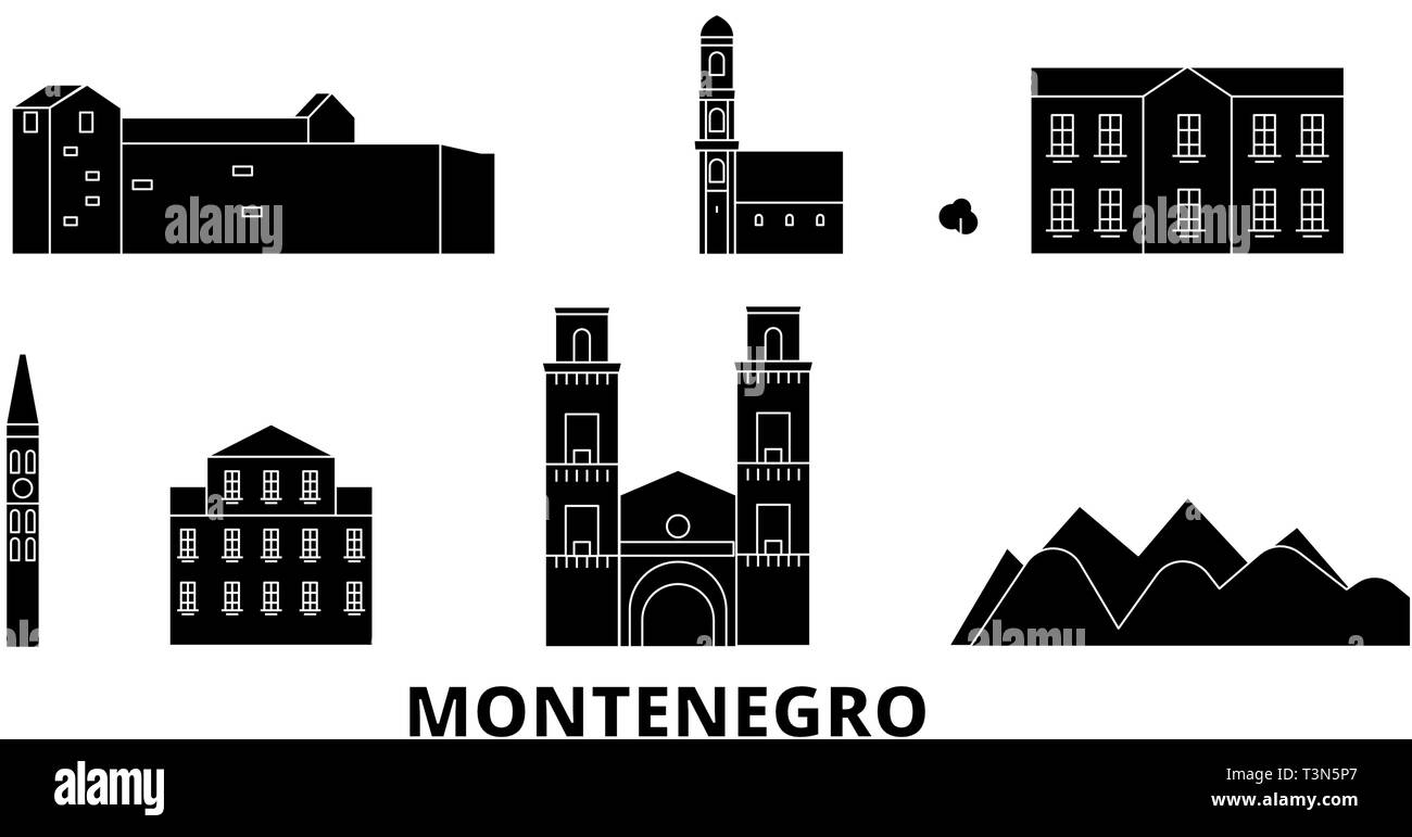 Montenegro piatta sullo skyline di viaggio set. Montenegro città nero illustrazione vettoriale, simbolo, siti di viaggi, punti di riferimento. Illustrazione Vettoriale