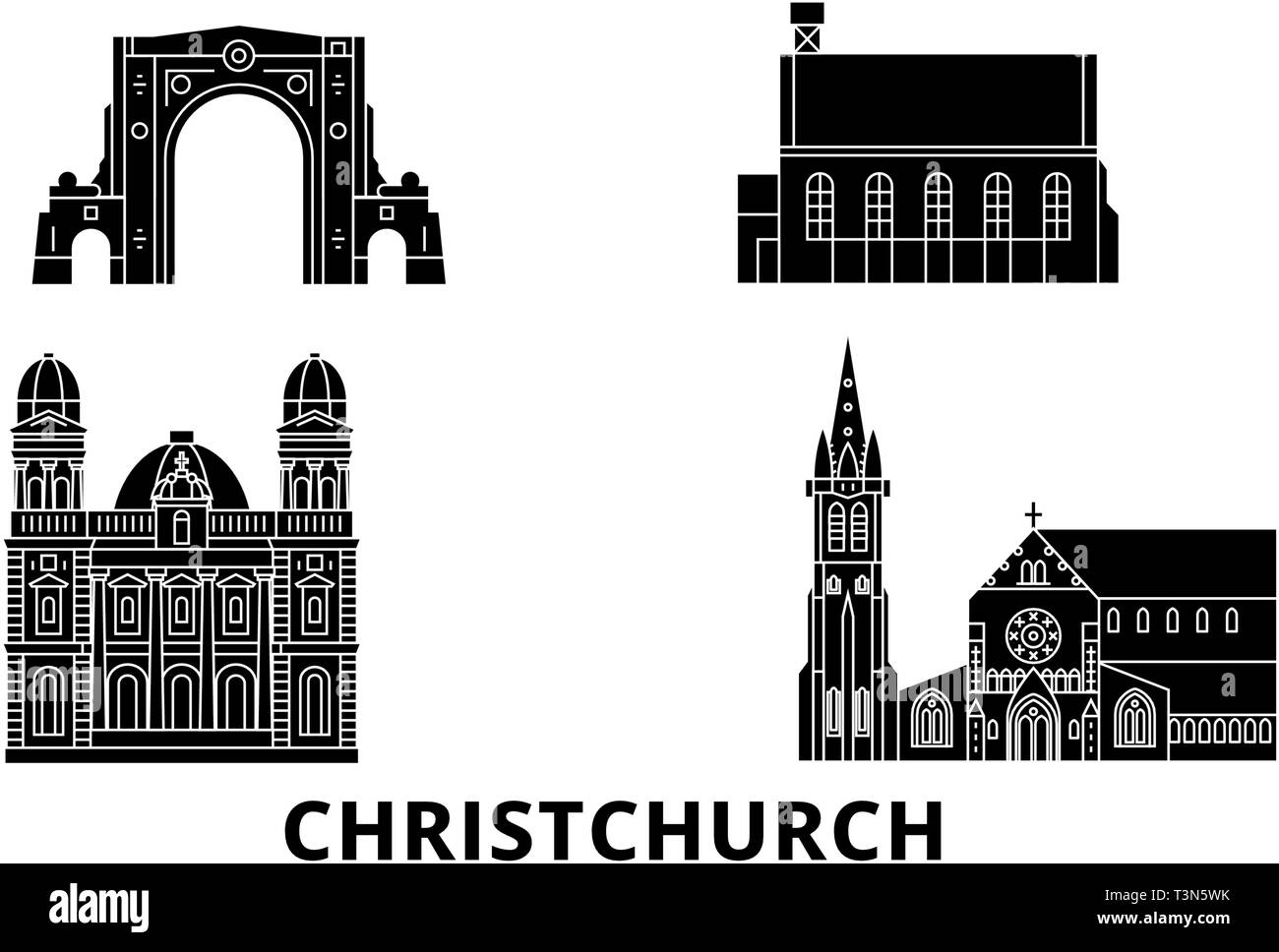 Nuova Zelanda Christchurch piatta sullo skyline di viaggio set. Nuova Zelanda Christchurch città nero illustrazione vettoriale, simbolo, siti di viaggi, punti di riferimento. Illustrazione Vettoriale