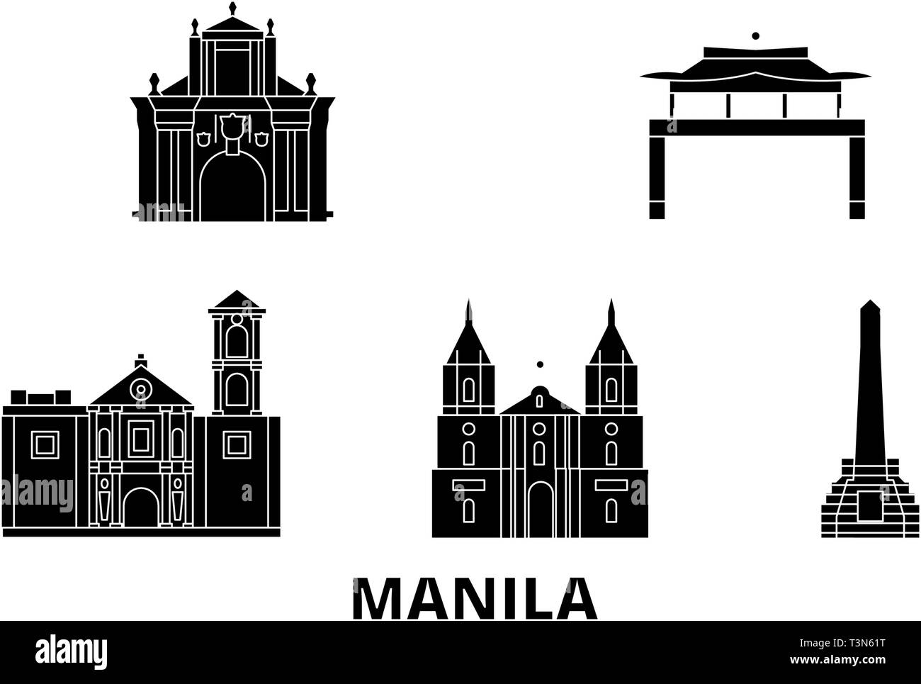 Filippine, Manila piatta sullo skyline di viaggio set. Filippine, Manila città nero illustrazione vettoriale, simbolo, siti di viaggi, punti di riferimento. Illustrazione Vettoriale
