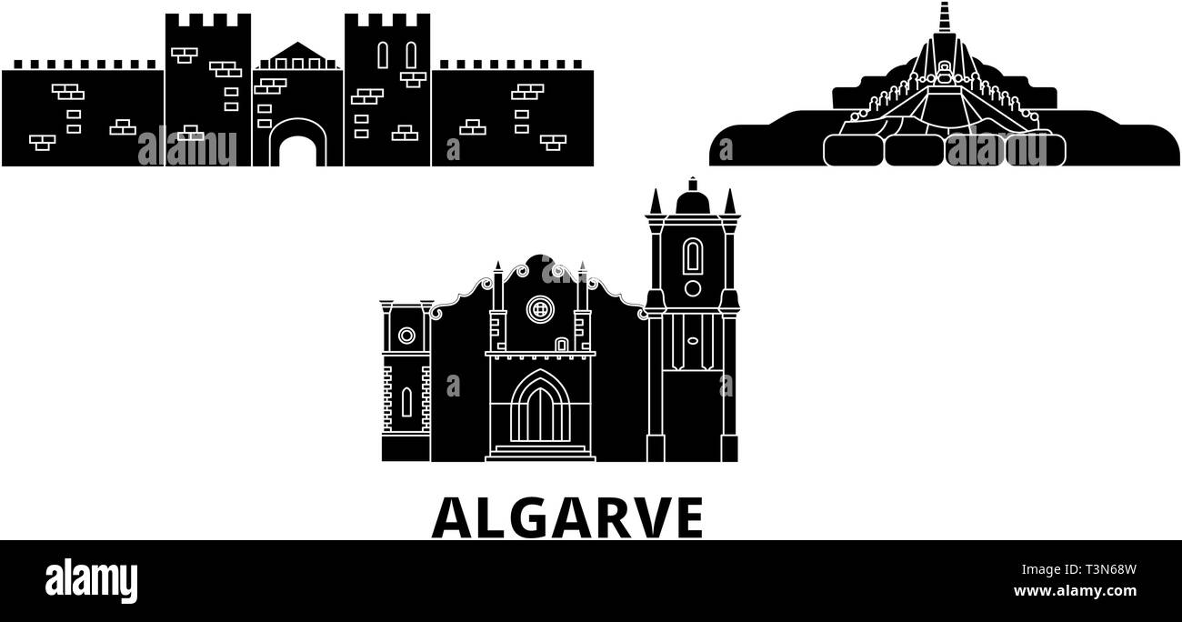 Il Portogallo, Algarve piatta sullo skyline di viaggio set. Il Portogallo, Algarve città nero illustrazione vettoriale, simbolo, siti di viaggi, punti di riferimento. Illustrazione Vettoriale