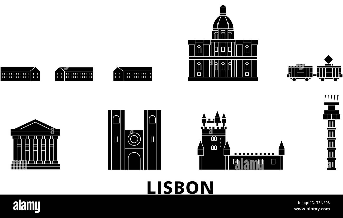 Il Portogallo, Lisbona piatta sullo skyline di viaggio set. Il portogallo Lisbona città nero illustrazione vettoriale, simbolo, siti di viaggi, punti di riferimento. Illustrazione Vettoriale