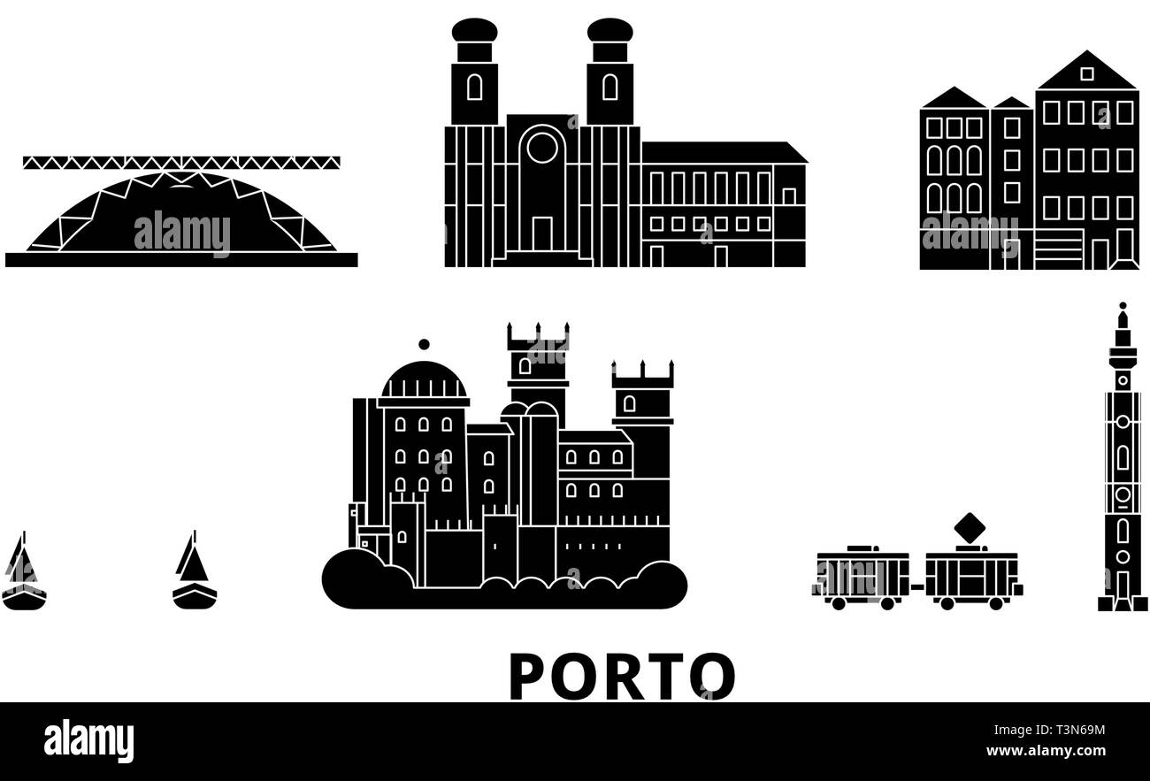 Il Portogallo, Porto piano skyline di viaggio set. Il Portogallo, Porto città nero illustrazione vettoriale, simbolo, siti di viaggi, punti di riferimento. Illustrazione Vettoriale