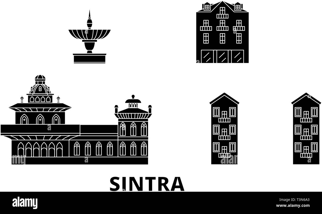 Il Portogallo, Sintra piatta sullo skyline di viaggio set. Il Portogallo, Sintra città nero illustrazione vettoriale, simbolo, siti di viaggi, punti di riferimento. Illustrazione Vettoriale