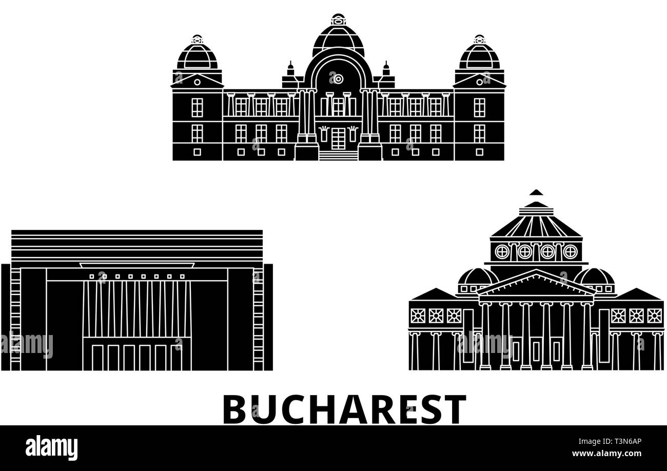 La Romania, Bucarest appartamento skyline di viaggio set. La Romania, Bucarest città nero illustrazione vettoriale, simbolo, siti di viaggi, punti di riferimento. Illustrazione Vettoriale