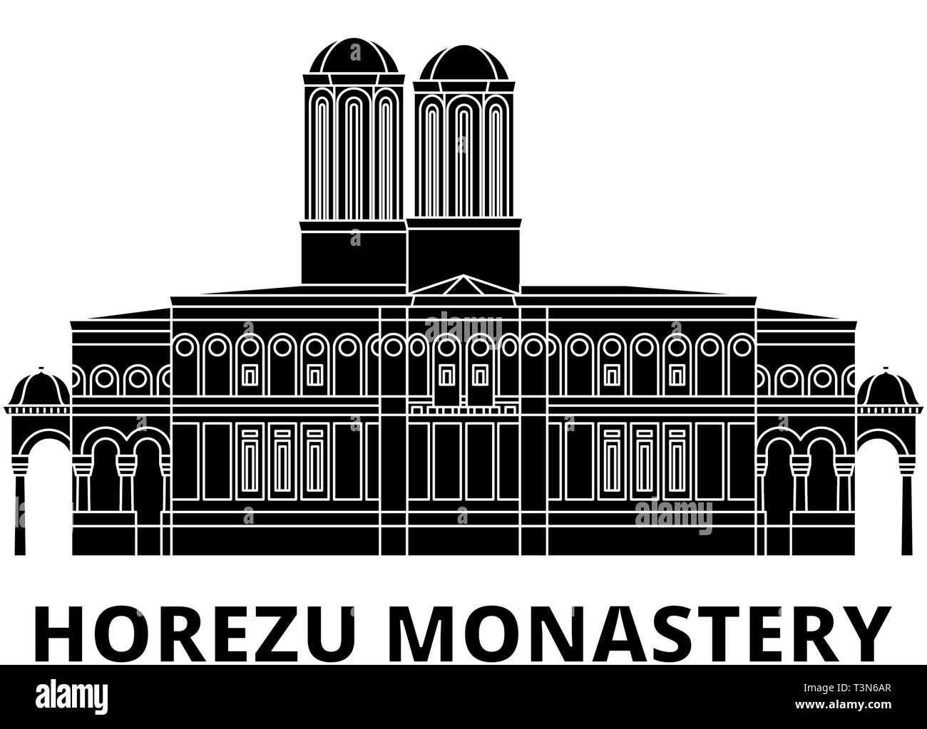 La Romania, Monastero di Horezu piatta sullo skyline di viaggio set. La Romania, Monastero di Horezu città nero illustrazione vettoriale, simbolo, siti di viaggi, punti di riferimento. Illustrazione Vettoriale