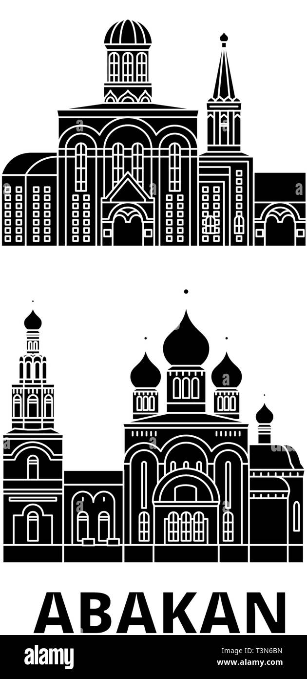 Russia, Abakan piatta sullo skyline di viaggio set. Russia, Abakan città nero illustrazione vettoriale, simbolo, siti di viaggi, punti di riferimento. Illustrazione Vettoriale