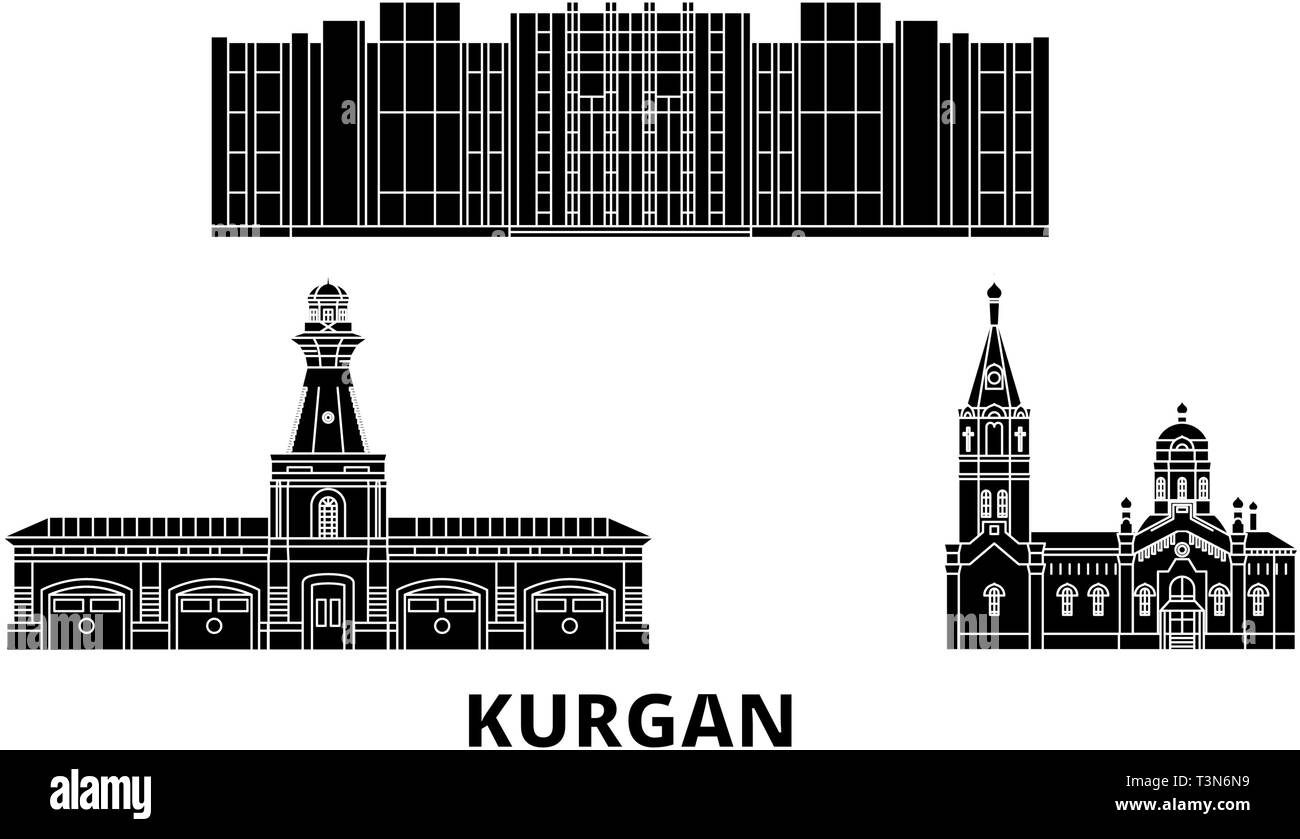 Russia, Kurgan piatta sullo skyline di viaggio set. Russia, Kurgan città nero illustrazione vettoriale, simbolo, siti di viaggi, punti di riferimento. Illustrazione Vettoriale