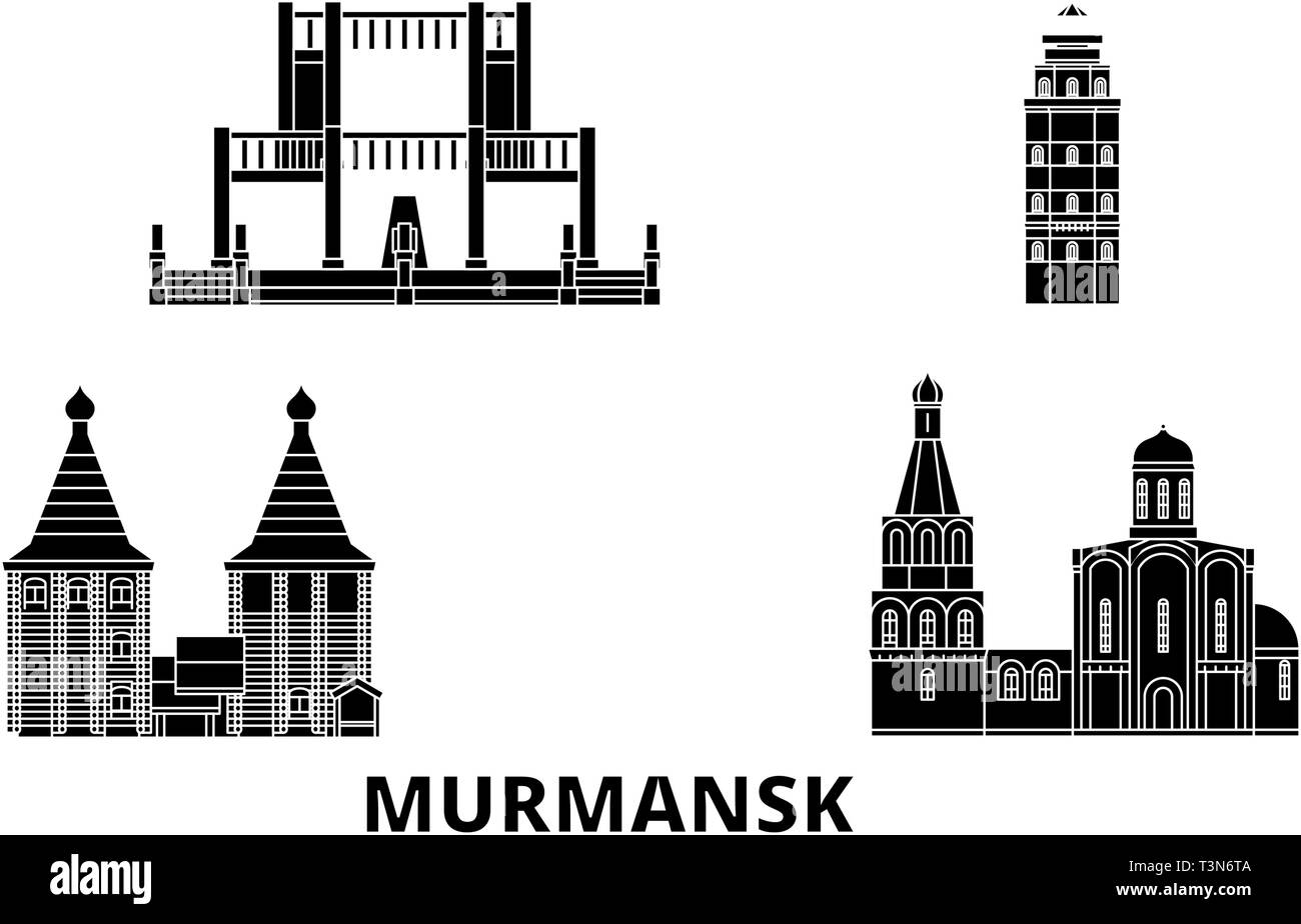 La Russia, Murmansk piatta sullo skyline di viaggio set. Russia, Murmansk città nero illustrazione vettoriale, simbolo, siti di viaggi, punti di riferimento. Illustrazione Vettoriale