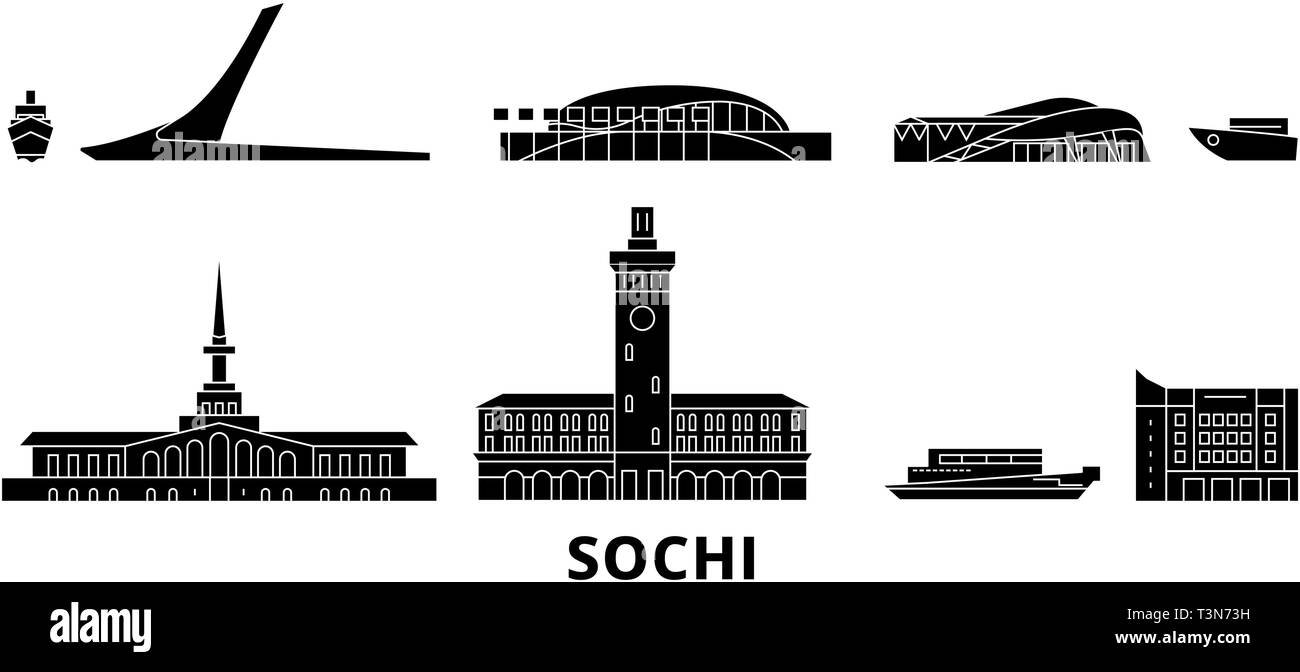 Russia, Sochi piatta sullo skyline di viaggio set. Russia, Sochi città nero illustrazione vettoriale, simbolo, siti di viaggi, punti di riferimento. Illustrazione Vettoriale