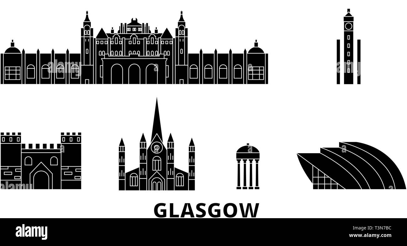La Scozia, Glasgow City flat skyline di viaggio set. La Scozia, Glasgow City città nero illustrazione vettoriale, simbolo, siti di viaggi, punti di riferimento. Illustrazione Vettoriale