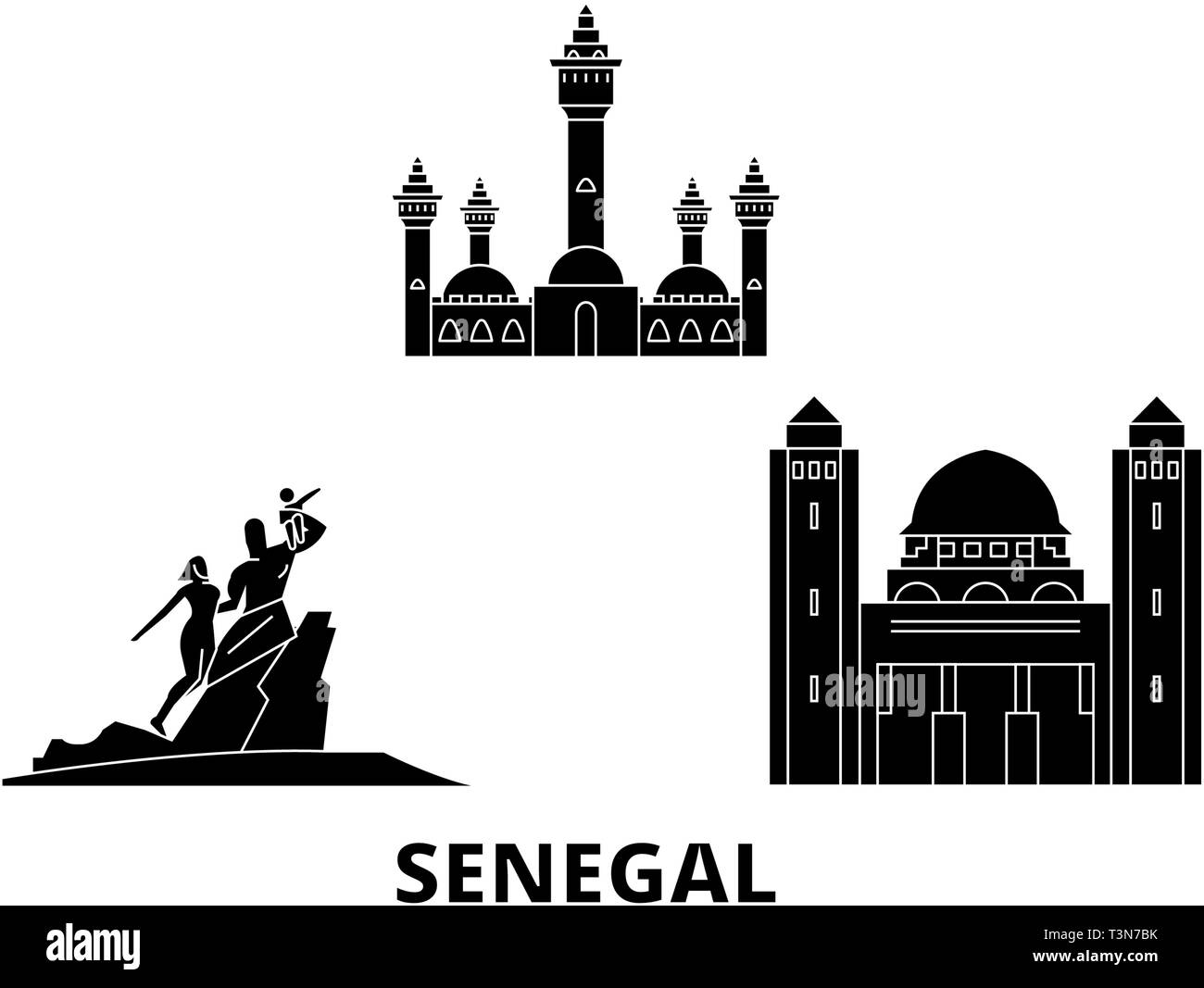 Senegal piatta sullo skyline di viaggio set. Senegal città nero illustrazione vettoriale, simbolo, siti di viaggi, punti di riferimento. Illustrazione Vettoriale