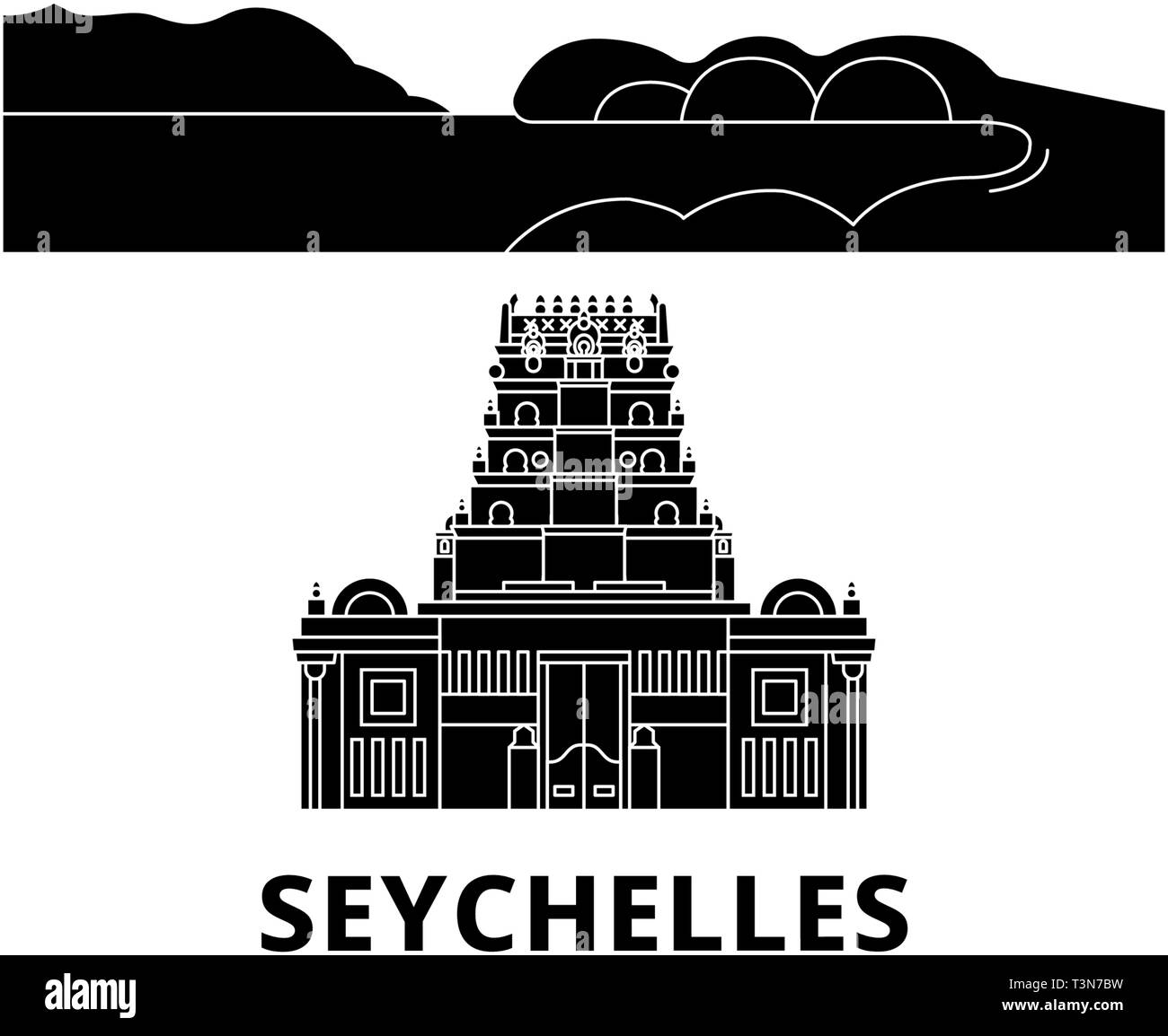 Seychelles piatta sullo skyline di viaggio set. Seychelles città nero illustrazione vettoriale, simbolo, siti di viaggi, punti di riferimento. Illustrazione Vettoriale