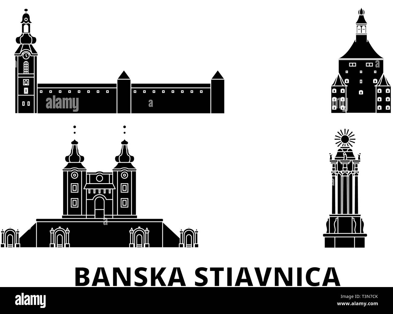 La Slovacchia, Banska Stiavnica piatta sullo skyline di viaggio set. La Slovacchia, Banska Stiavnica città nero illustrazione vettoriale, simbolo, siti di viaggi, punti di riferimento. Illustrazione Vettoriale