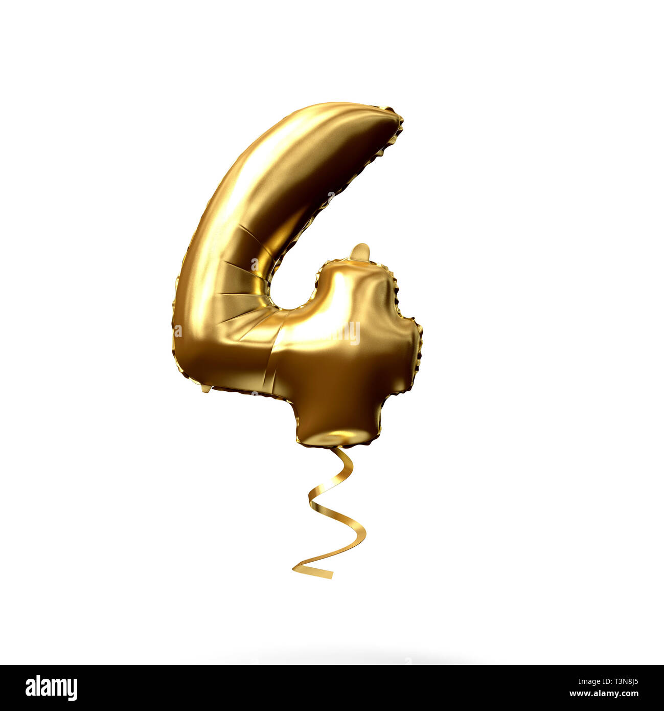 Numero 4 di lamina di oro palloncino elio isolato su uno sfondo bianco. 3D Render Foto Stock