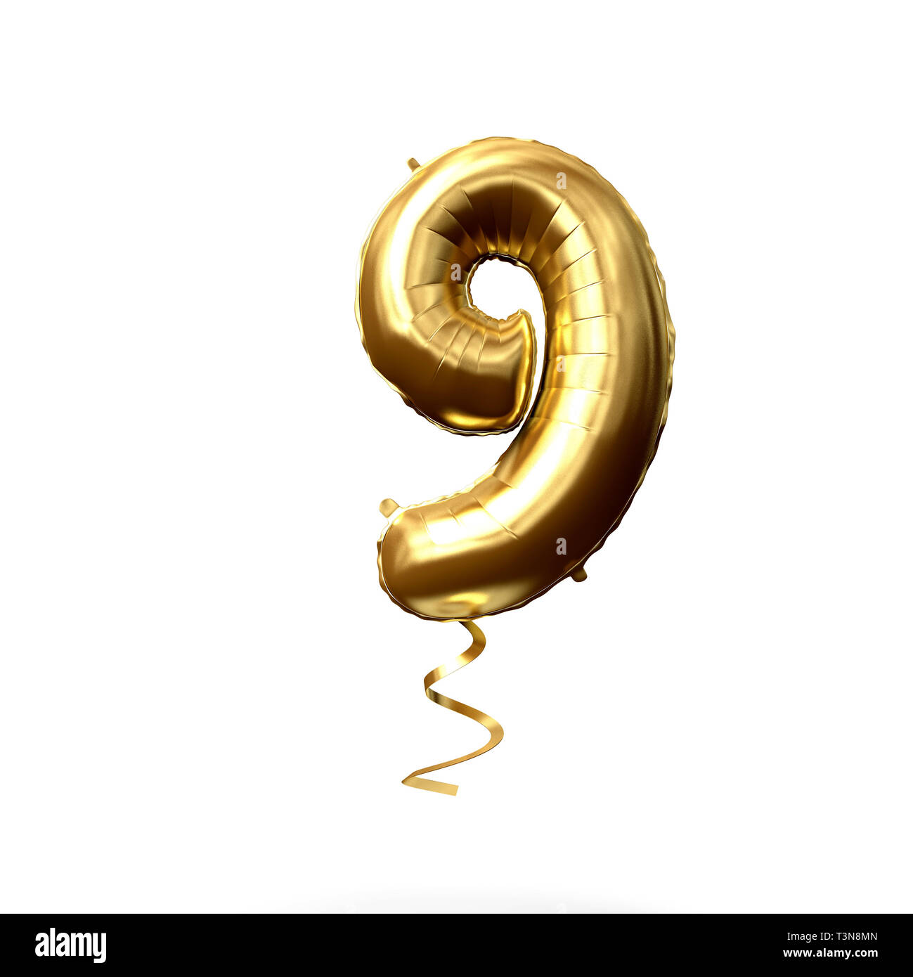 Numero 9 di lamina di oro palloncino elio isolato su uno sfondo bianco. 3D Render Foto Stock