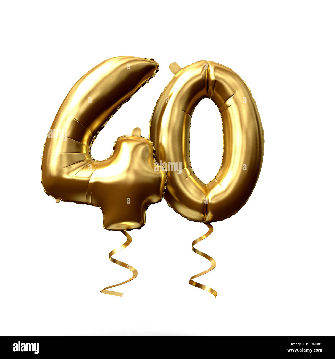 Numero 40 di lamina di oro palloncino elio isolato su uno sfondo bianco. 3D Render Foto Stock