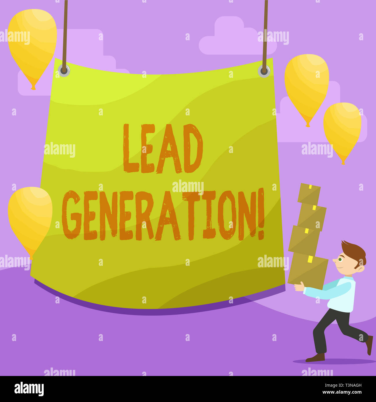 Scrittura testo scrittura di generazione dei lead. Foto concettuale processo identificando e coltivare i potenziali clienti uomo che porta pila di scatole con Bla Foto Stock