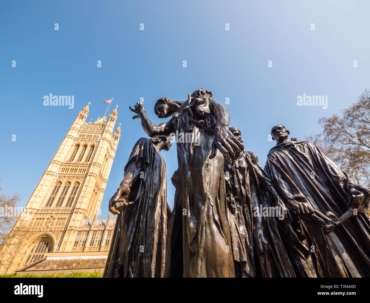 I Borghesi di Calais scultura, da Auguste Rodin, di fronte al Palazzo di Westminster a Londra, Inghilterra, Regno Unito, GB. Foto Stock
