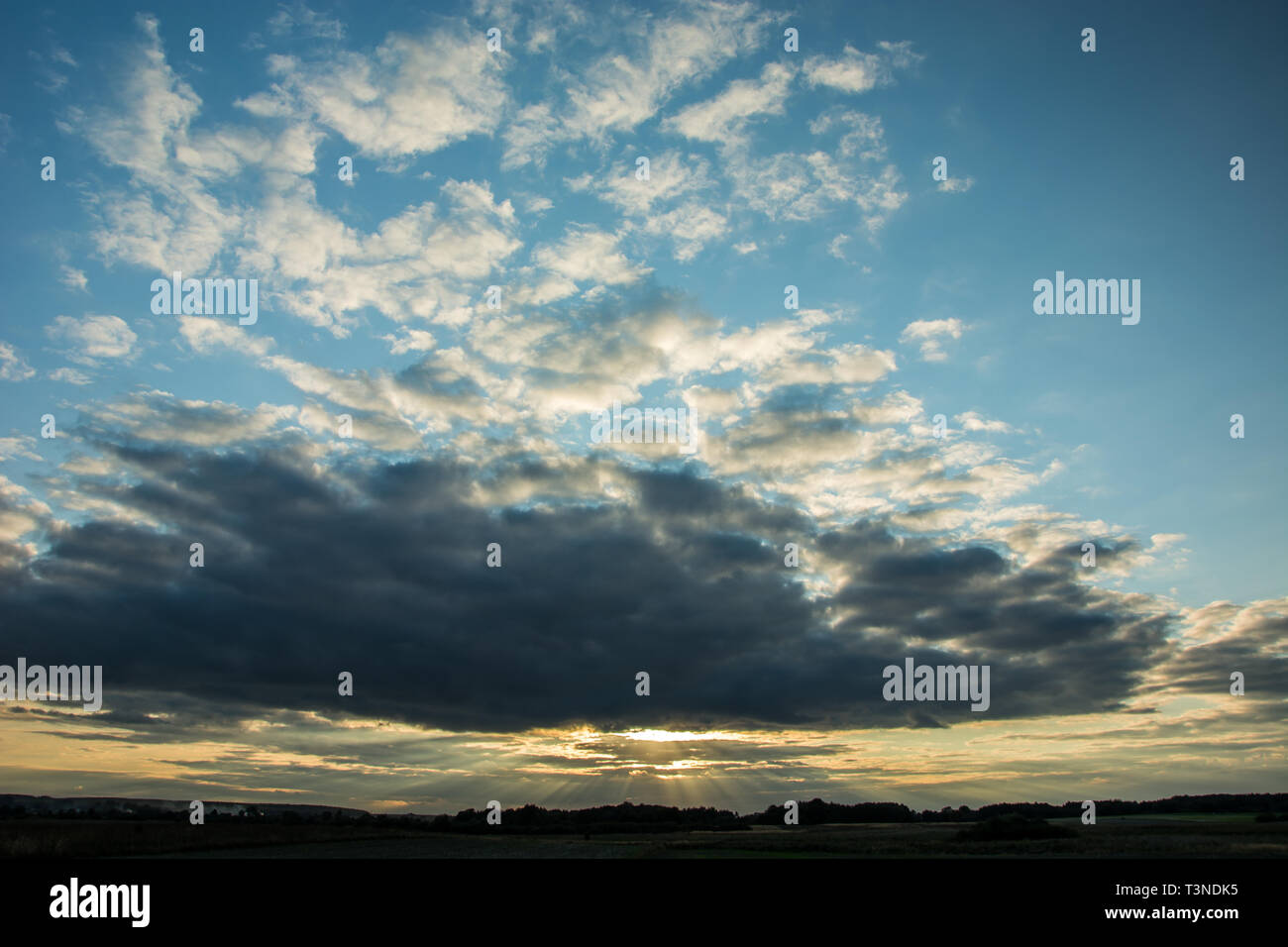 Serata di grigio nuvole e raggi di sole nel cielo blu, Horizon e albero Foto Stock