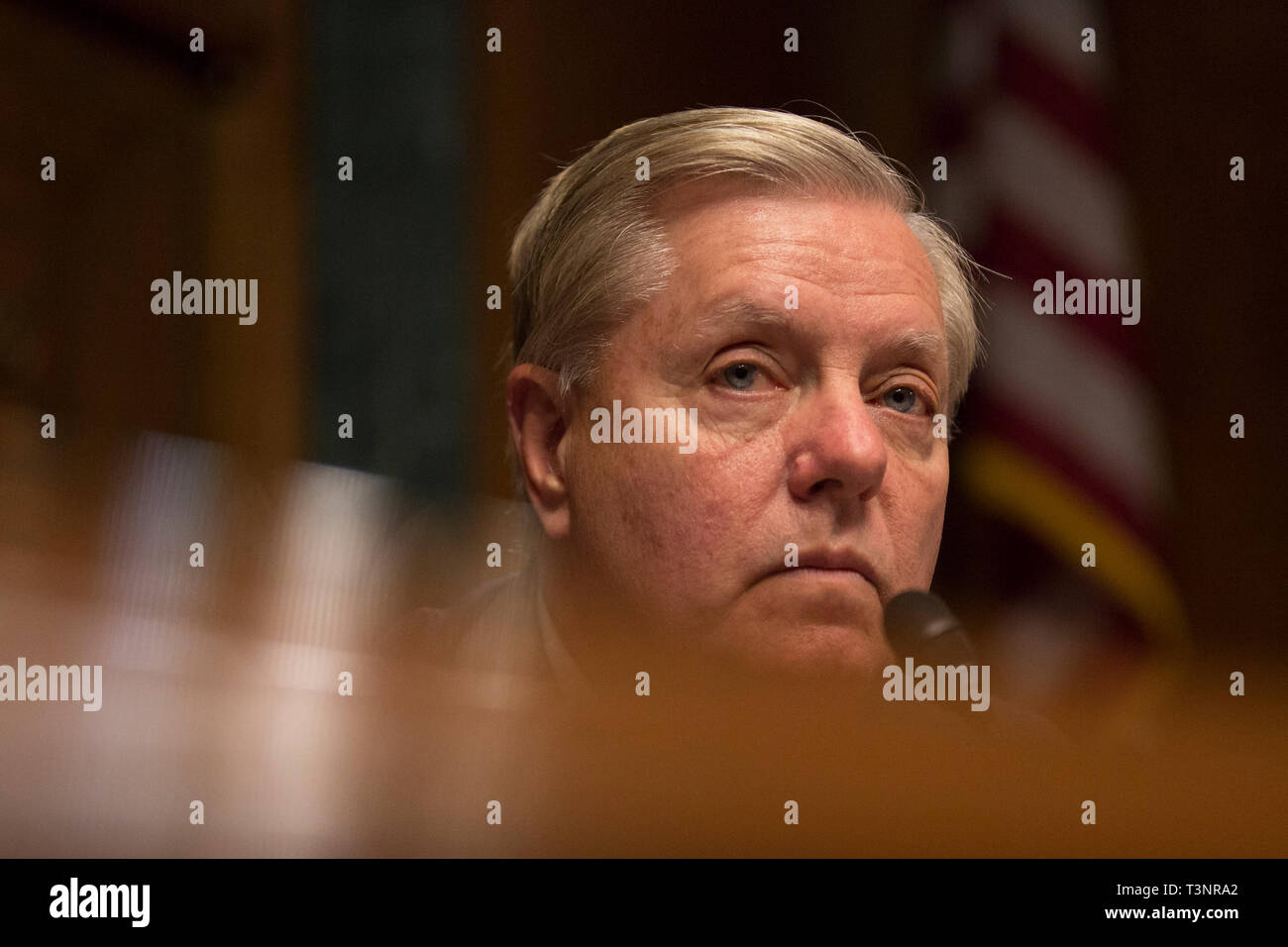 Stati Uniti il senatore Lindsey Graham (Repubblicano della Carolina del Sud) ascolta la testimonianza di Carlos Monje, Junior, direttore della politica pubblica e di filantropia a Twitter e Neil Potts, la politica pubblica direttore di Facebook, sul colle del Campidoglio di Washington DC il 10 aprile 2019. Credito: Stefani Reynolds/CNP | Utilizzo di tutto il mondo Foto Stock