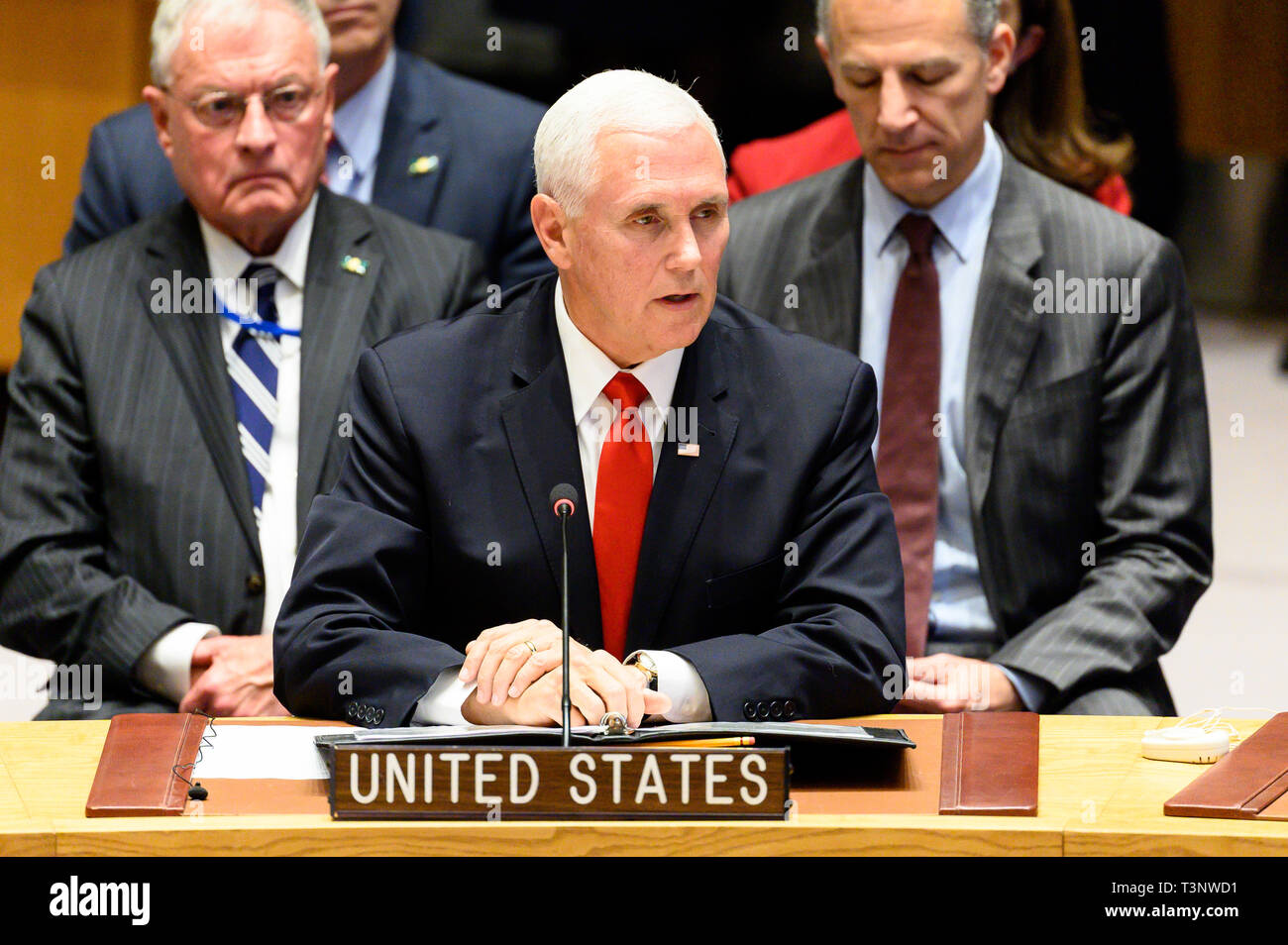 Vice Presidente Mike Pence visto parlare durante il Consiglio di Sicurezza delle Nazioni Unite presso le Nazioni Unite a New York City. Foto Stock