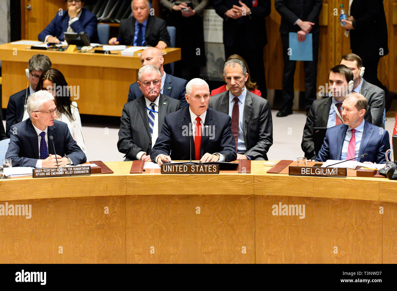 Vice Presidente Mike Pence visto parlare durante il Consiglio di Sicurezza delle Nazioni Unite presso le Nazioni Unite a New York City. Foto Stock