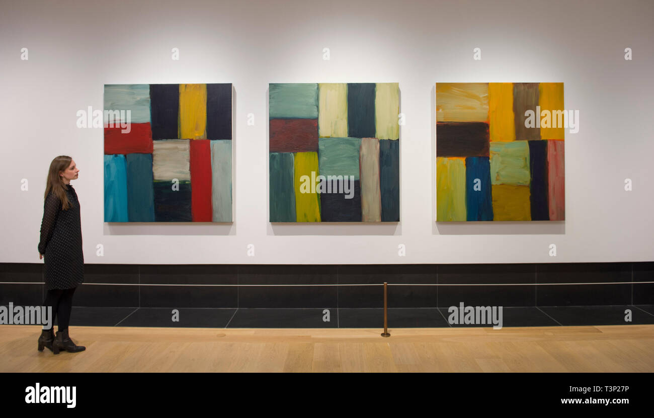 Londra, Regno Unito. Xi Apr, 2019. La Galleria nazionale la nuova fiera stella di mare: Sean Scully presso la Galleria Nazionale è ispirata alla collezione nazionale e il suo amore di JMW Turner il dipinto La stella della sera (1830 circa), egli grafici un cammino personale di profonda ammirazione per il colore, la composizione e la potenza della pittura. Credito: Malcolm Park/Alamy Live News Foto Stock