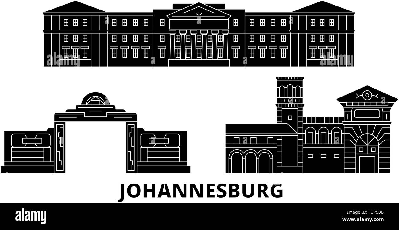 Sud Africa, piatto di Johannesburg sullo skyline di viaggio set. Sud Africa, Johannesburg città nero illustrazione vettoriale, simbolo, siti di viaggi, punti di riferimento. Illustrazione Vettoriale