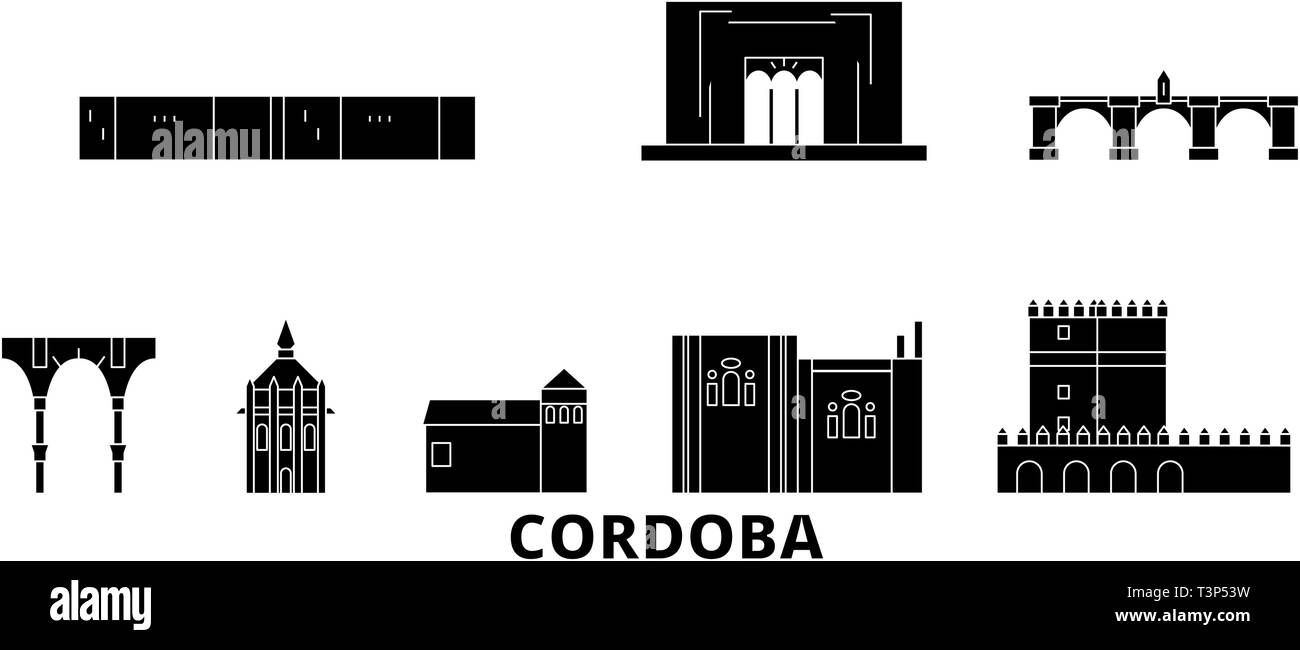 Spagna Cordoba piatta sullo skyline di viaggio set. Spagna Cordoba città nero illustrazione vettoriale, simbolo, siti di viaggi, punti di riferimento. Illustrazione Vettoriale