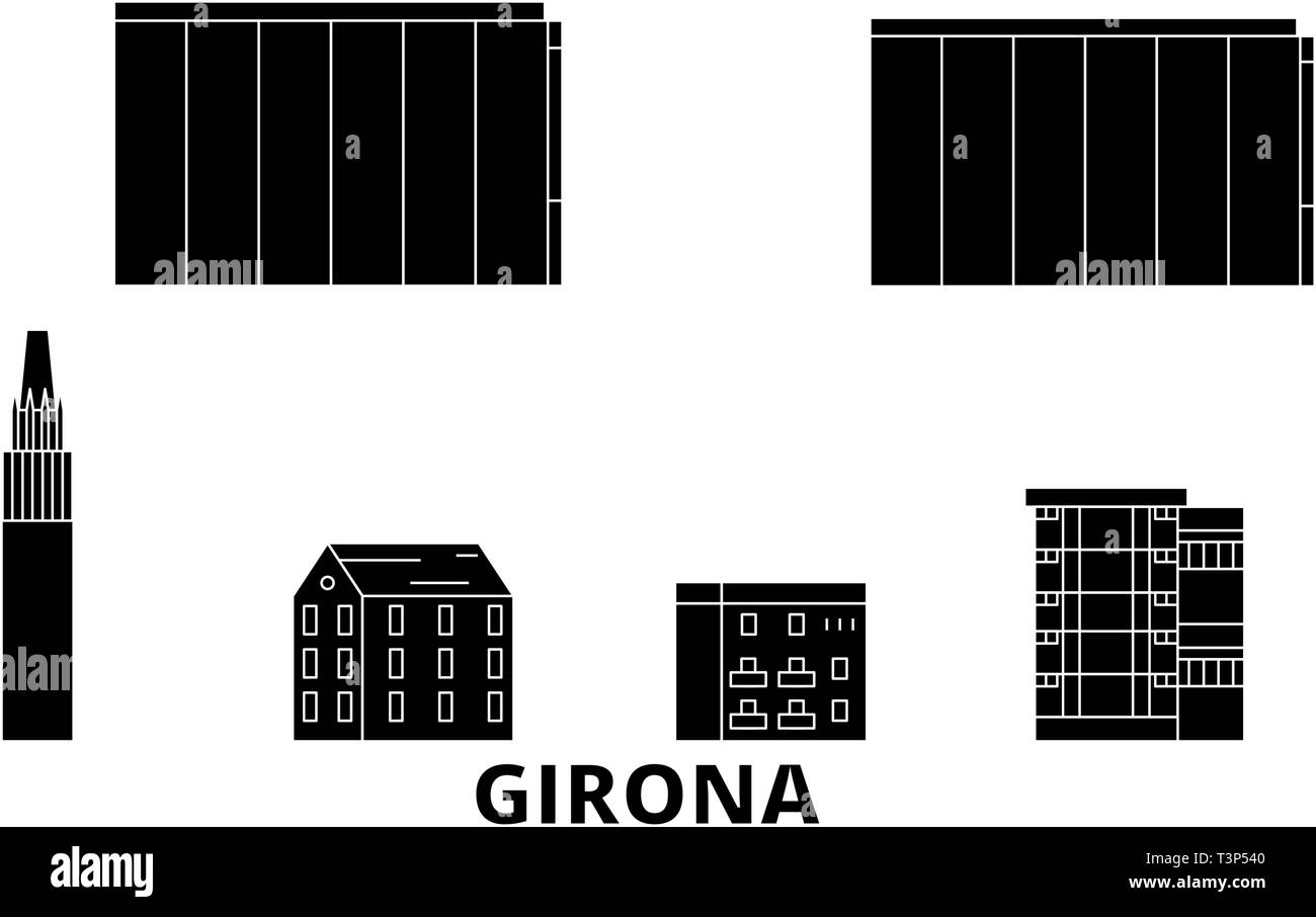 Spagna Girona piatta sullo skyline di viaggio set. Spagna Girona città nero illustrazione vettoriale, simbolo, siti di viaggi, punti di riferimento. Illustrazione Vettoriale