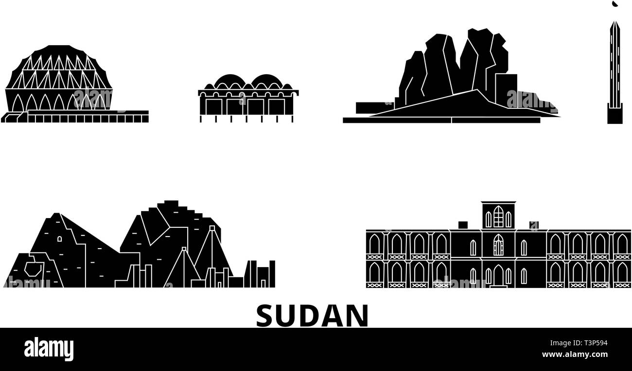 Sudan piatta sullo skyline di viaggio set. Nero Sudan città illustrazione vettoriale, simbolo, siti di viaggi, punti di riferimento. Illustrazione Vettoriale