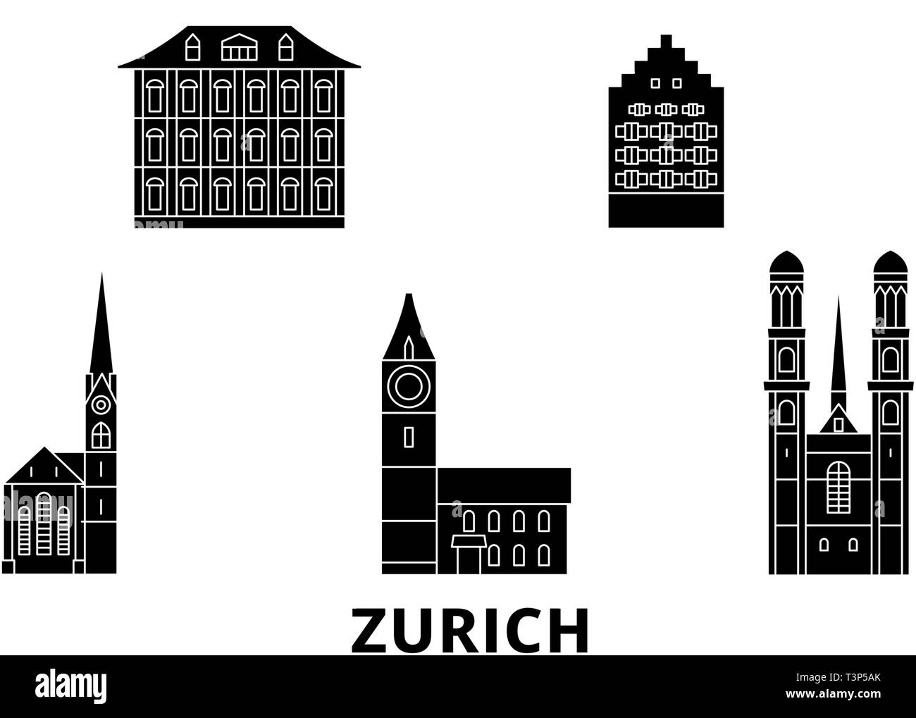 Svizzera, Zurigo piatto dello skyline di marcia impostata. La Svizzera, Zurigo città nero illustrazione vettoriale, simbolo, siti di viaggi, punti di riferimento. Illustrazione Vettoriale
