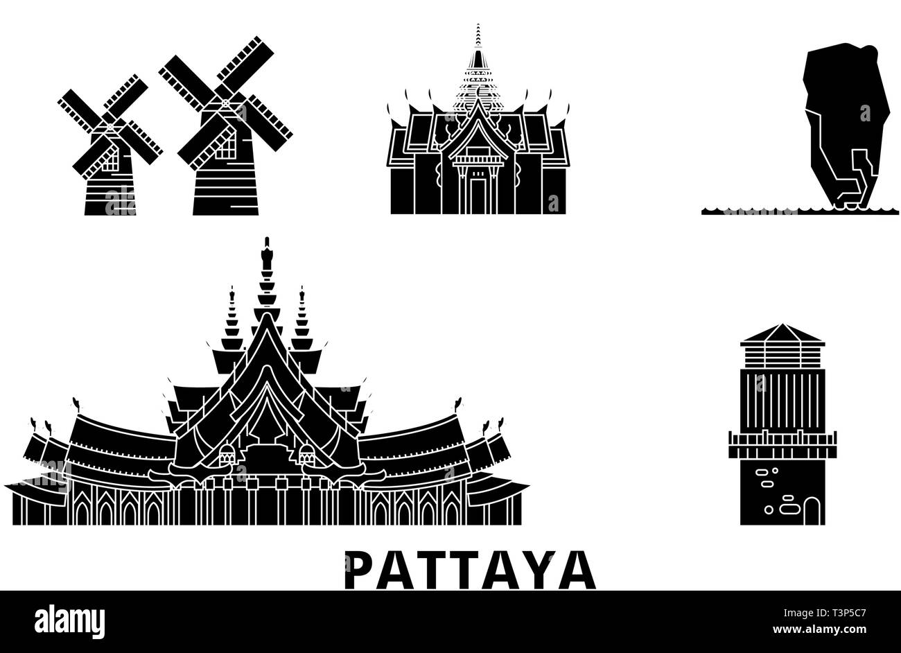Thailandia, Pattaya piatta sullo skyline di viaggio set. Thailandia, Pattaya città nero illustrazione vettoriale, simbolo, siti di viaggi, punti di riferimento. Illustrazione Vettoriale