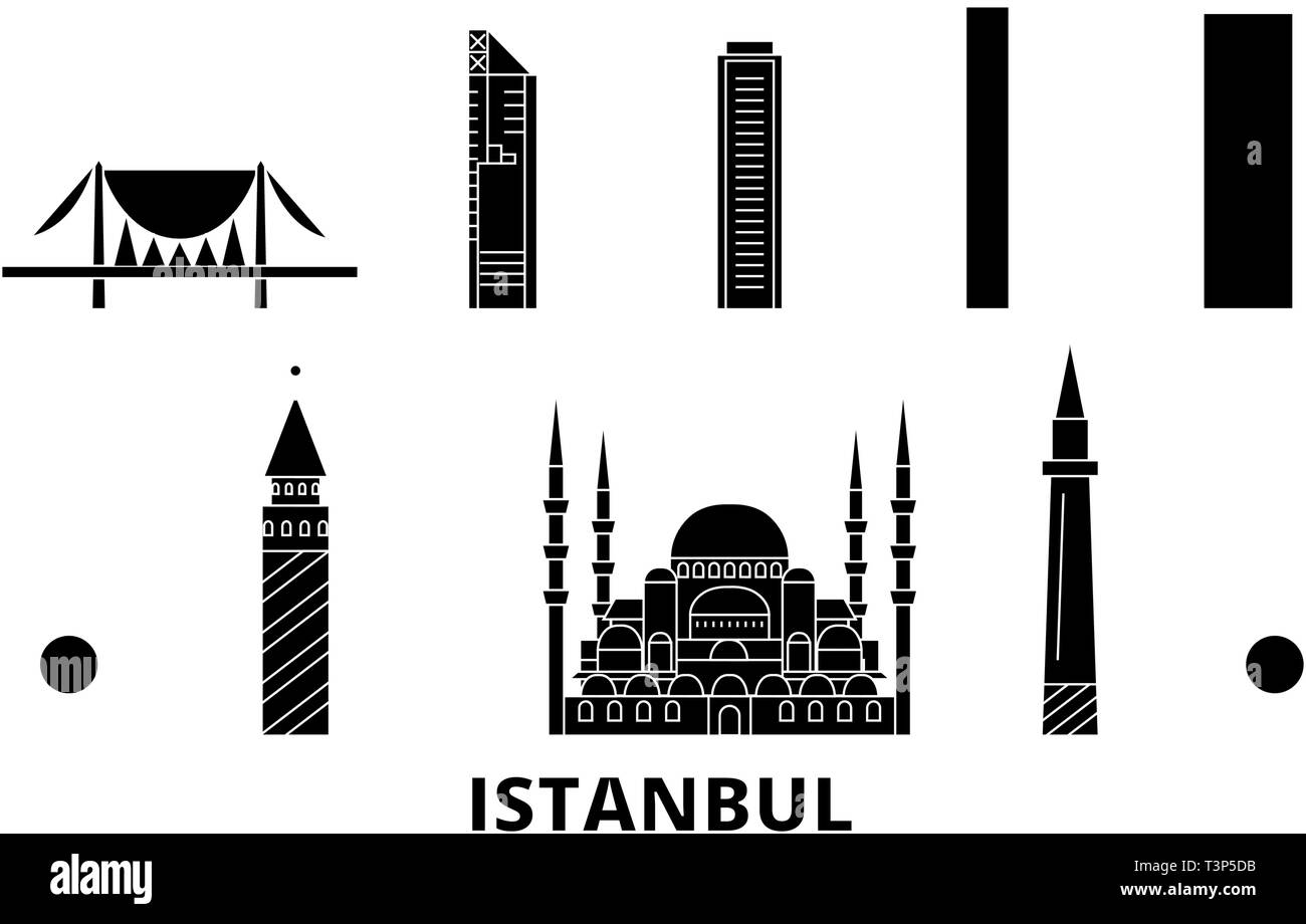 Turchia, Istanbul piatto dello skyline di marcia impostata. Turchia, Istanbul città nero illustrazione vettoriale, simbolo, siti di viaggi, punti di riferimento. Illustrazione Vettoriale